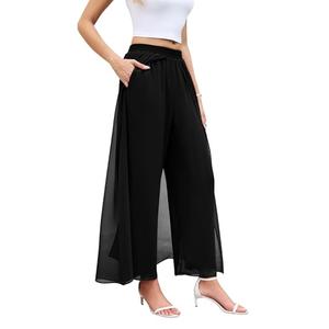 WANGZHI Women's Chiffon Dress Pant Wide Leg Flowy Palazzo Culotte Elastic Waist Casual Skirt Pant Black 2026 Fall ,Large