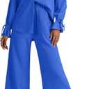 LYANER Women's 2 Piece Outfits Button Down Long Sleeve Shirt and Wide Leg Pants Set (XX-Large, Pure Royal Blue)