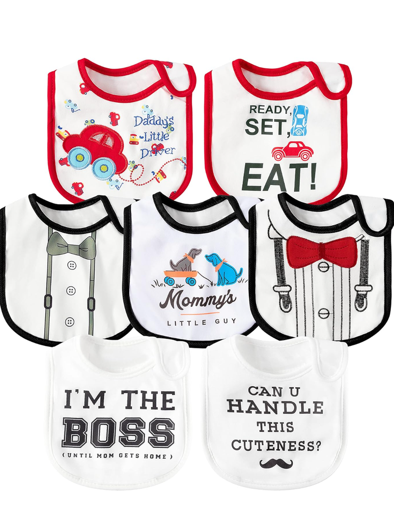 7Pcs Cotton Waterproof Baby Bibs Hook Loop Closure Newborn Bib Keepsake Baby Gift for Drooling Feeding Eating