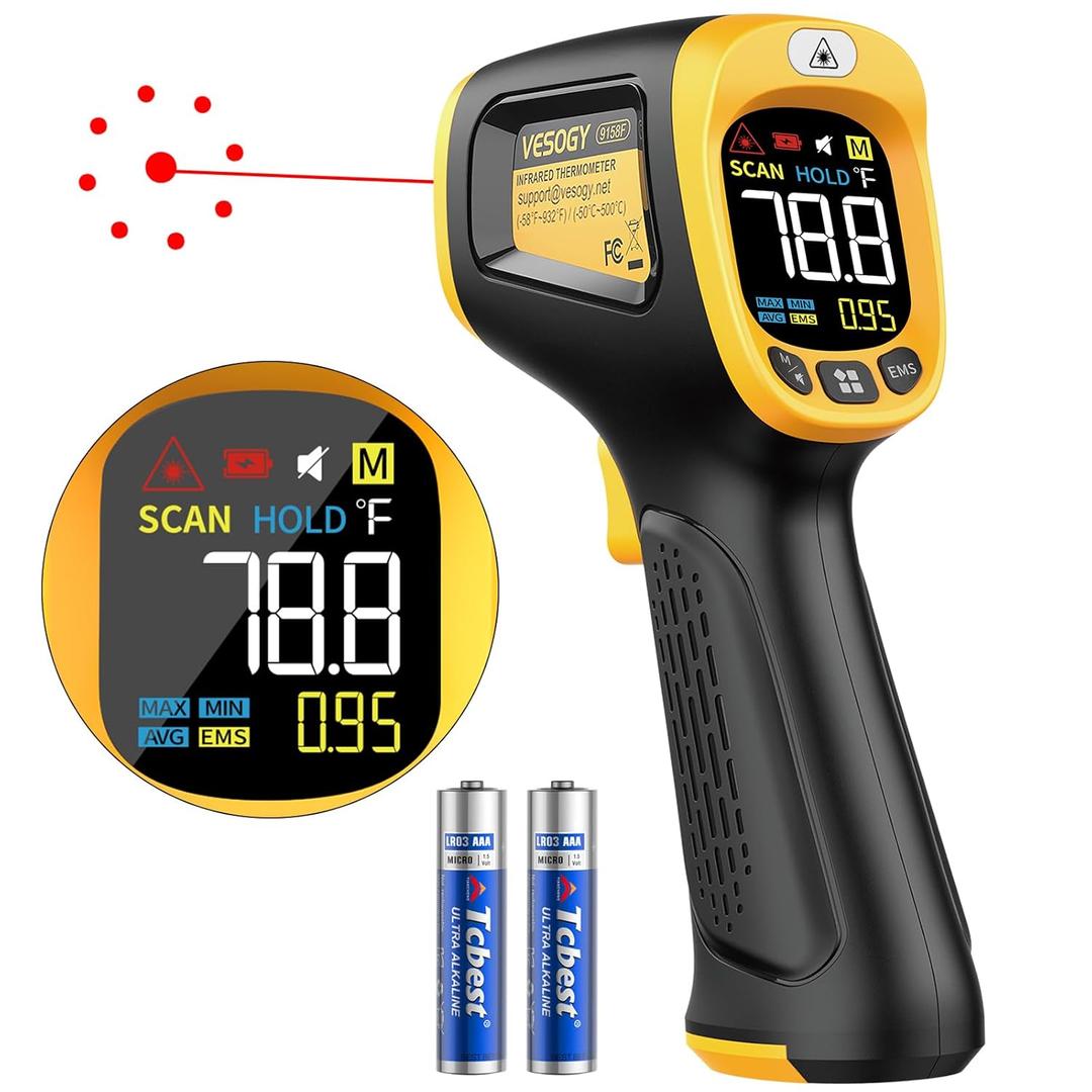 Infrared Thermometer Temperature Gun -58F ~932F, Digital Laser Thermometer Gun for Cooking, Pizza Oven, Grill & Engine, IR Thermometer Temp Gun with Adjustable Emissivity & Max-Min Measure (Yellow)