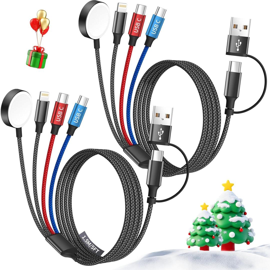 Dual Type-C Port 4 in 2 Multi Charging Cable for Apple iWatch Charger/iPhone 17/Lightning, Travel Charger for Multiple Devices, Christmas Gift for iWatch Ultra/SE/10-1, iPhone16-8, iPad - 2Pcs 5FT