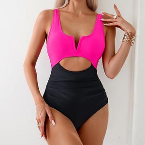 HXN Women's One Piece Swimsuit Tummy Control Bathing Suit Color Block Cutout Slimming Swim Suit Swimwear 2025, Size: M