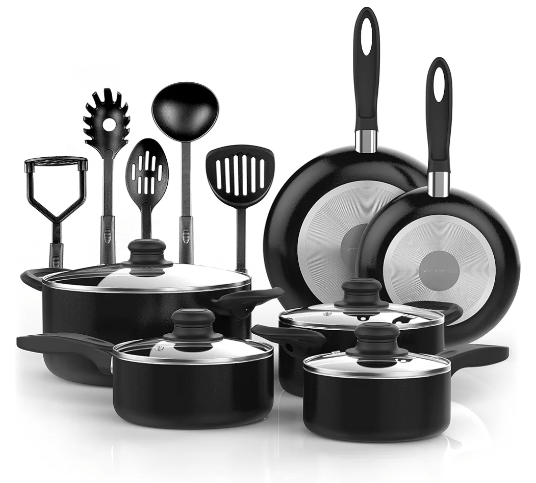 Vremi 15 Piece Nonstick Cookware Set - Durable Aluminum Pots and Pans with Cooking Utensils - Oven Safe Multi Quart Enameled Saucepans Dutch Ovens and Fry Pans with Glass Lid - Black Vremi 15 Piece Nonstick Cookware Set - Durable Aluminum Pots and Pans with Cooking Utensils - Oven Safe Multi Quart Enameled Saucepans Dutch Ovens and Fry Pans with Glass Lid - Black
