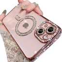 Magnetic Glitter Diamond for iPhone 12 Case[Compatible with MagSafe] Sparkle Rhinestone Camera Lens Protector Plated,Crtstal Clear Slim Military Drop Shockproof Cover for Women,Pink