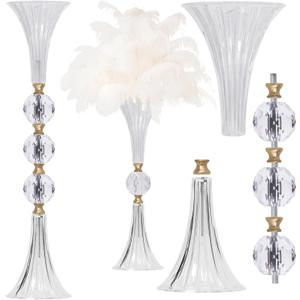 VIJIV Crystal Acrylic Trumpet Vase for Wedding Centerpieces & Home Decor - 24.8" Clear Flower Stand with Ribbed Texture, Gold Accents, Table/Floor Vase for Events, Bridal Showers & Boho Weddings