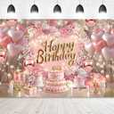 Homewelle Pink Happy Birthday Backdrop 7Wx5H Feet Polyester Fabric Balloon DiamondSparkle Fluid Lights Flower Gifts Cake Decoration for Girls Princess Women Photography Background Photo Shoot Props
