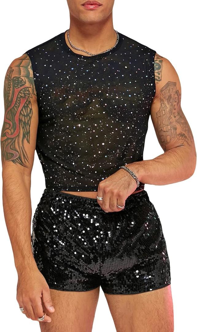 WDIRARA Men's 2 Piece Outfit Rhinestone Sequin Lace Mesh Crop Tank Top and Shorts Set (Black)