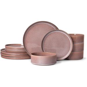 MONITO 12PCS Stoneware Plates and Bowls Set, Ceramic Dinnerware Sets, Service for 4, Chip and Scratch Resistant Dish Set, Microwave and Dishwasher Safe, Housewarming Party Holiday Gift, Vintage Brown