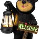 Juegoal Garden Bear Statue with Solar LED Lantern, Luminous Welcome Sign, Gifts for Mom Yard Art, Whimsical Figurine Large Sculpture Lighted Outdoor Mother's Day Spring Decorations for Lawn, Porch