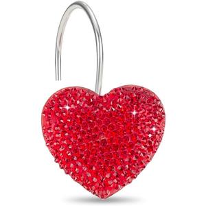 2 x Red Heart Valentines Day Shower Curtain Hooks - Luxury Sparkly Crystal Rhinestone Decorative Stainless Steel Shower Rings Hangers for Holiday Women Girls Bathroom Accessories
