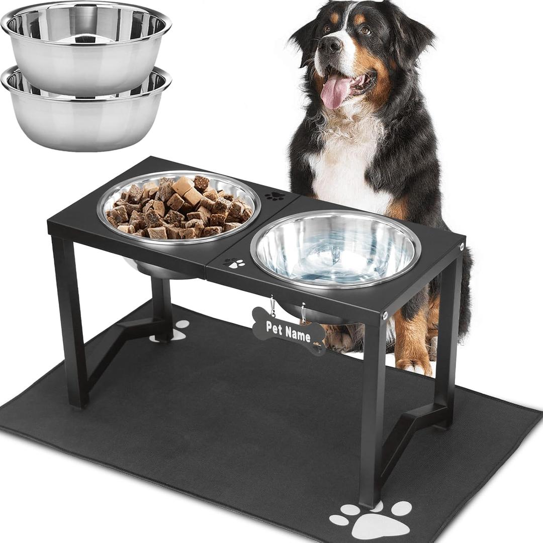 Elevated Dog Bowls, Metal Raised Dog Bowl Stand with Two Thick 111oz Capacity Stainless Steel Food Bowls & Non-Slip Mat - 14" Tall for Large/Extra Large Breeds (Black)
