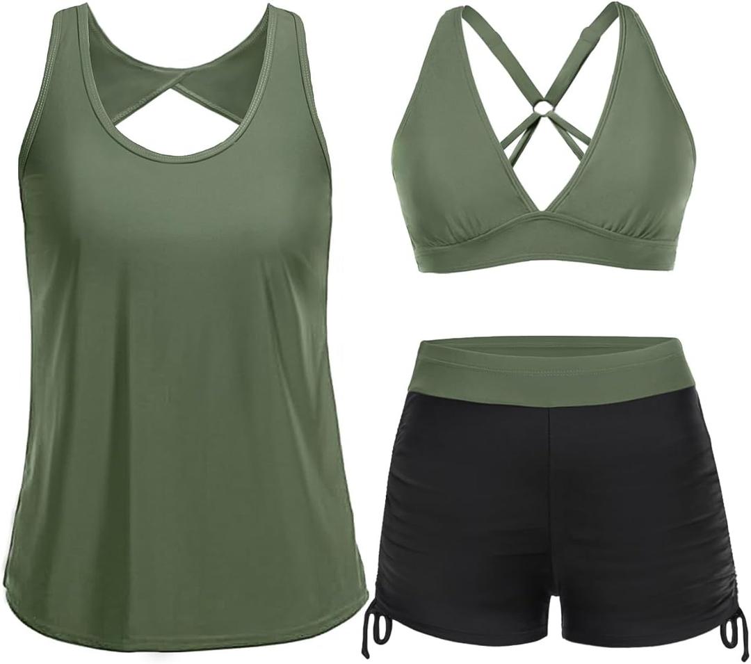 Yonique 3 Piece Tankini Swimsuits for Women Swim Tank Top Bathing Suits with Boy Shorts and Bra Athletic Swimwear (Large, Black & Army Green) Yonique 3 Piece Tankini Swimsuits for Women Swim Tank Top Bathing Suits with Boy Shorts and Bra Athletic Swimwear (Large, Black & Army Green)