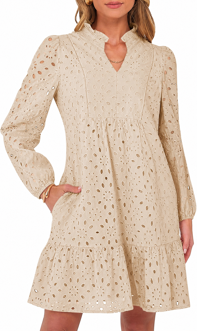 Caracilia Womens Dresses Long Sleeve V Neck Eyelet Hollow Out Fall Casual Flowy Swing Boho Tiered 2026 Mini Short Dress Medium
