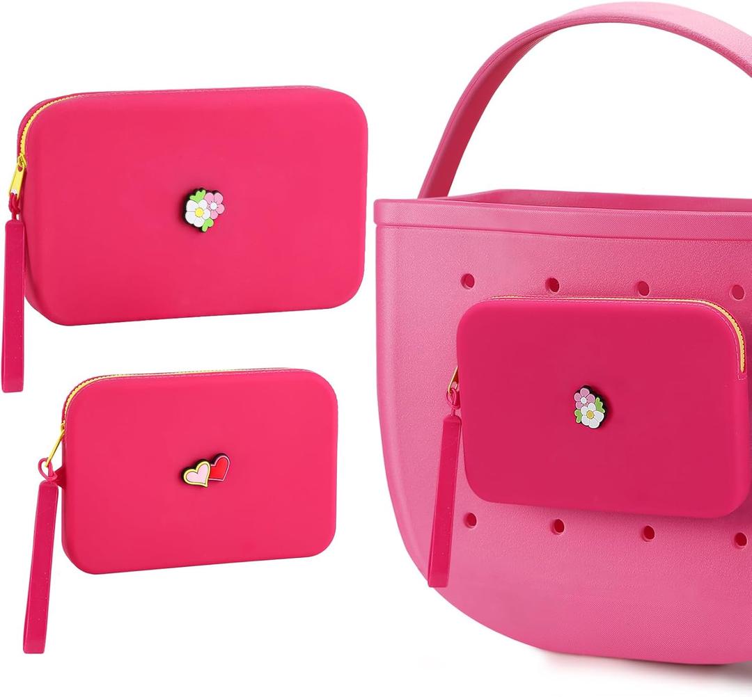 Biubee 2 Sizes Silicone Pouches fits Bogg Bag Accessories - Large Insert Bag with Charms for Keeping Phone Makeup Cash Keys from Sand Water (Pink)