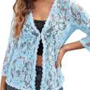 BENANCY Women's 3/ 4 Sleeve Bolero Shrugs Crochet Lace Open Cardigan Light Blue L