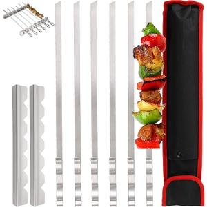 Dicunoy 9 PCS Stainless Steel Barbecue Skewers, 17" Kabob Skewers for Grilling,Reusable Metal Flat Shish BBQ Sticks with Kabob Rack Stand for Meat, Shrimp, Chicken, Vegetable Grill