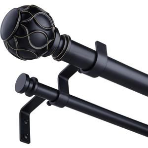 Black Double Curtain Rod, 36 to 72 Inch Dual Curtain Rods with Boho Netted Texture Finials, Decorative 1 Inch Adjustable Window Treatment Rods, Antique Vintage Farmhouse Double Drapery Pole