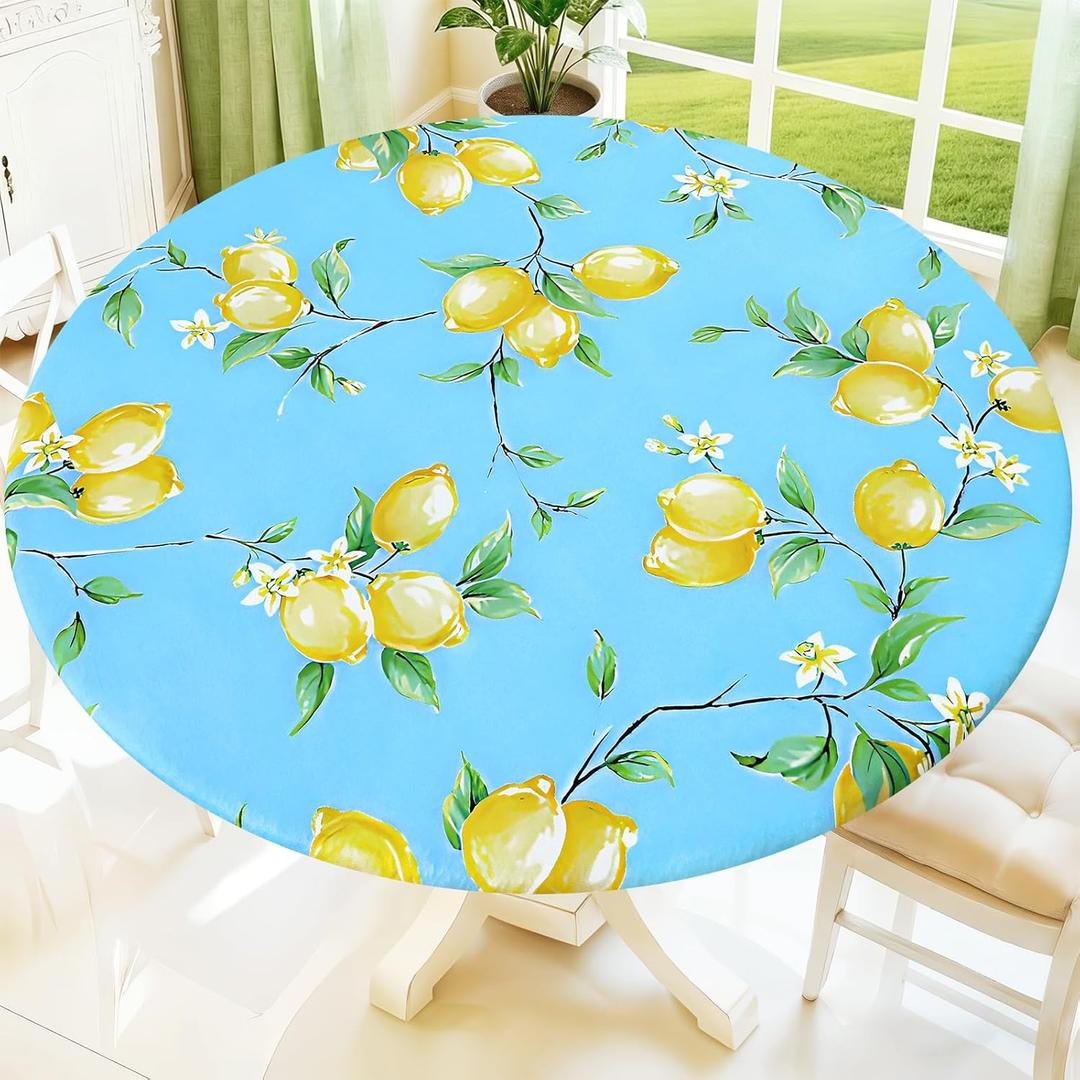 Moosfor Spandex Elastic Fitted Round Tablecloth for 45"-56" Tables, Stretch Washable Reusable Table Cover for Outdoor Picnic, Camping, Dining, Kitchen, Patio and Party, Lemon