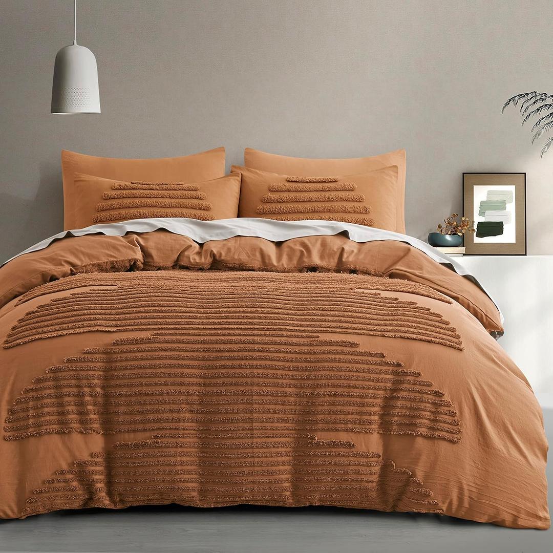 BEDAZZLED Queen Size Duvet Cover, 2 Pillow Covers and Blanket Cover, Pumpkin Brown Textured Duvet Cover Sets, Soft and Breathable Boho Tufted Bedding Comforter Cover Set for Gifts, Comforter Not Included (Pumpkin Brown, Queen) 