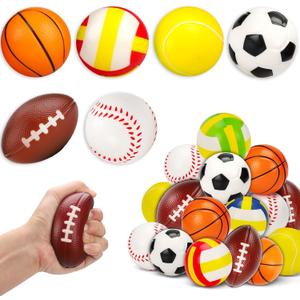 AugToy 24 Pack Stress Ball Classroom Prizes Party Favor for Kids Prefilled Easter Eggs Foam Sports Squeeze Toys Goodie Bag Stuffers Bouncy Balls Boys Baseballs Basketball Football Bulk Toys