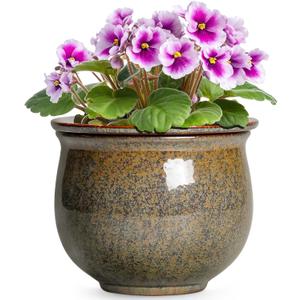 Self Watering Planters for Indoor Plants, 6 Inch Ceramic African Violet Pots with Absorbent Inner Pot, Ceramic Plant Pot, Round Flower Pots, Bathroom Decor, Housewarming Gifts, Yellowish Brown
