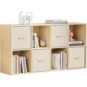 8 Cube Storage Organizer - Solid Wood Bookshelf with 4 Storage Bins, Cube Shelf with 2 Removable Back Panels, Vertical or Horizontal Bookcase, Open Book Shelf for Bedroom, Living Room, Office