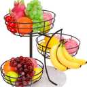 Livabber Fruit Basket Bowl with Banana Hanger, Metal Fruit Vegetable Storage Basket with Banana Holder for Kitchen Counter, Detachable Organizer for Bread Snack Produce (Black, 3-Tier Marble Base)