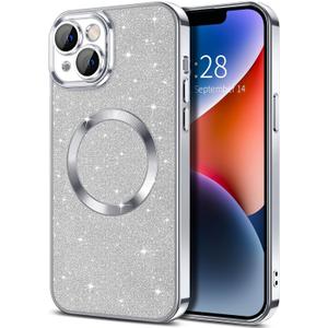 Hython for iPhone 14 Case Glitter, Clear Magnetic Phone Cases with Camera Lens Protector [Compatible with MagSafe] Bling Sparkle Plating Soft TPU Slim Shockproof Protective Cover Women Girls, Silver