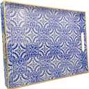 Serving Tray with Handles, Rectangular Decorative Trays for Coffee Table, Plastic Ottoman Tray for Living Room, Decor, Boho Blue, 15.7”*11.8”*1.6"