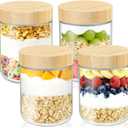 DRKIO 16 Oz Overnight Oats Containers with Bamboo Lids - 4 Pack Glass Storage Jars with Airtight Lids Wide Mouth Mason Food Jars Great for Meal Prep Salad Chia Pudding Snacks Yogurt Sugar Spice Cereal