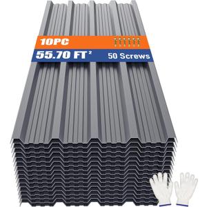 Brakki Metal Roofing Panels 10pcs 55.7 ft², Grey Corrugated Roof Panels | L45.28"xW17.72", Galvanized Steel, with Screw, Heavy Duty Metal Siding, Suitable for Garages Chicken Coop Shed Stables Patio