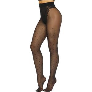 MANZI Patterned Tights Sheer Pantyhose for Women 20 Denier Stockings (One Size, Black Tights - Polka Dots)