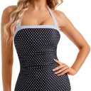 SUUKSESS Women Sexy Tummy Control One Piece Swimsuits Halter Slimming Retro Monokini Bathing Suits Color Block Swimwear(Black White Polka Dots,S)