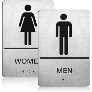 Brushed Aluminum Bathroom Signs, ADA Raised Braille Restroom & Bathroom Door Sign with Strong Self-Adhesive, Men's & Women's Restroom Signs for Business, Silver Size 9'' X 6 '' 2 Pcs