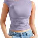 OMKAGI Women One Off Shoulder Y2K Tops Double Lined Slim Fit T Shirts Basic Tees (Purple)