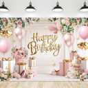 Riyidecor Happy Birthday Backdrop for Women Fabric Pink Flowers Balloons Elegant Floral Cake 7Wx5H Feet for Princess Girls Bday Photography Background Birthday Baby Shower Photo Studio Shoot (01)