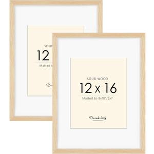 12x16 Solid Wood Poster Frame Set of 2, Natural Wood Picture Frame with two paper mats, Display Picture 8x10 or 2-5x7 with mat, 12x16 without Mat, Wall Mounting Display, Oak