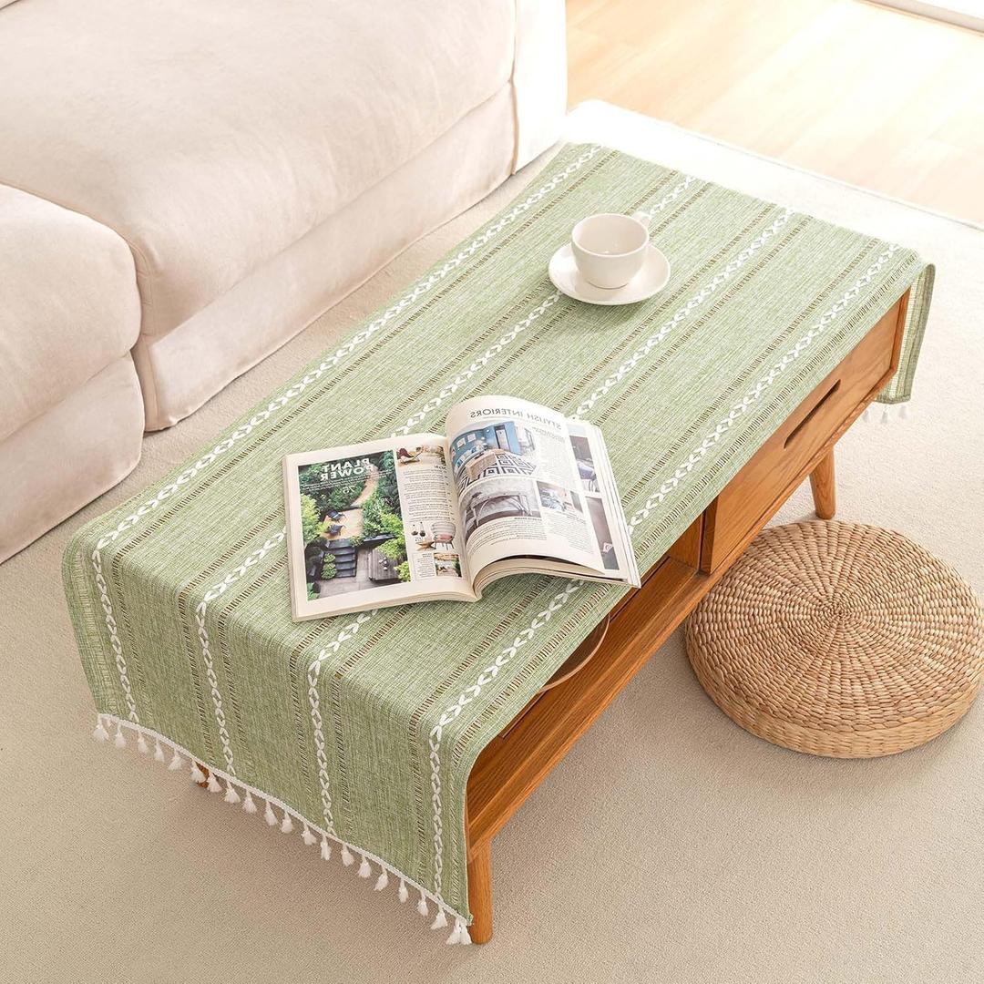 SIELUNO Linen Coffee Table Cloth, Rustic Farmhouse Coffee Table Cover for Living Room Tea Table Washer Dryer Fridge Top Dust Cover-Hollow Sage Green-20x60inch