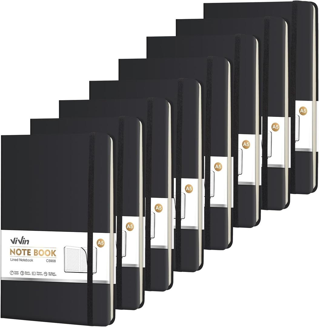 ViVin Lined Journal Notebooks for Work, 192 Pages, Medium 5.5 x 8.3 inch, College Ruled, A5 Hardcover Journaling Notebooks for Writing, 8 Pack Bulk,Black