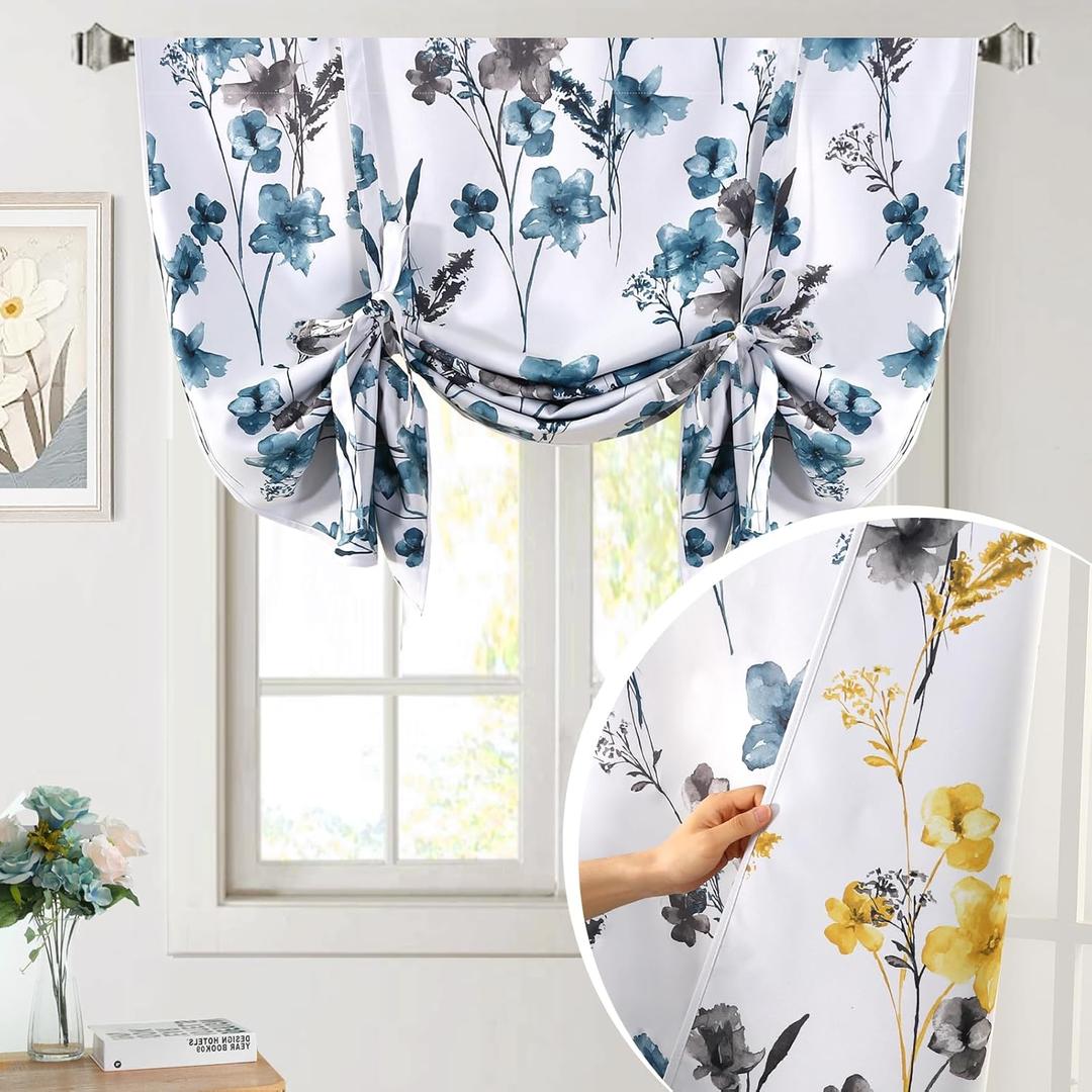 H.VERSAILTEX Tie Up Curtain Double Sided Cattleya Floral Printed Window Valance Balloon Roman Curtain, Rod Pocket 1-Pack, Reversible in Blue/Yellow, W 42 x L 36