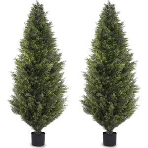 6FT Artificial Cedar Topiary Trees, Set of 2 Realistic Outdoor Indoor Fake Potted Plants with Planter, UV Resistant for Porch, Garden, Balcony, Patio & Office Decor