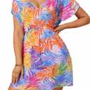 Women V Neck Beach Cover Up Dress Tropical Print Swimsuit Coverup Elastic Waist Bikini Beachwear