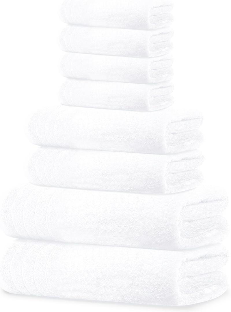 Tens Towels Pack of 8 Towels Set, 2 Extra Large Bath, 2 Hand, 4 Washcloths, 100% Cotton, Lighter Weight, Quicker to Dry, Super Absorbent, Perfect for Bathroom, White