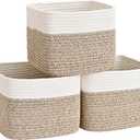 3 Pack Cube Storage Bin, 9x9x7 Cotton Rope Woven Baskets for Organizing Toys Clothes Towels, Square Gift Storage Baskets for Shelf, Nursery, Closet, Bathroom, Pantry (White & Jute)