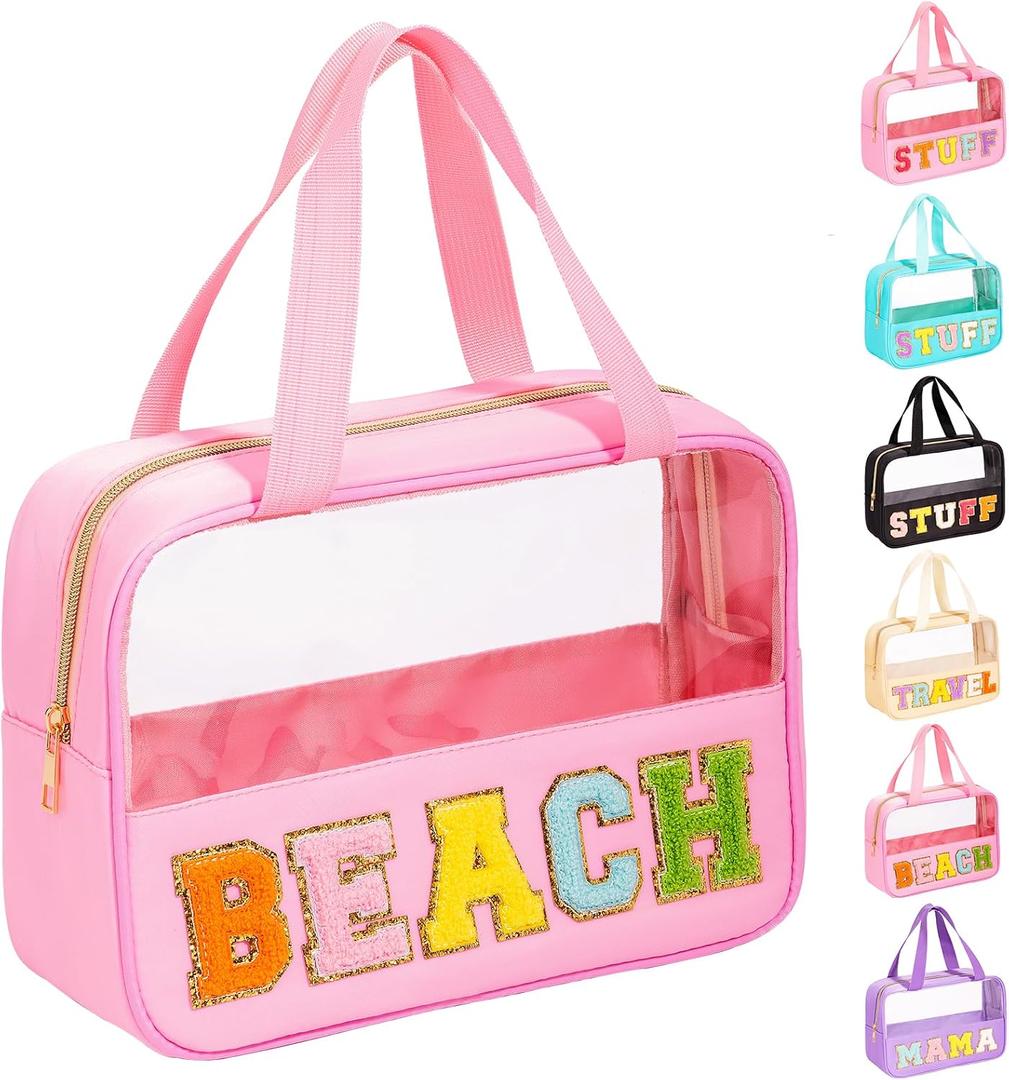 eurovicky Chenille Letter Patch Clear Makeup Bag | Preppy PVC & Nylon, Handle and Zipper, Waterproof, Large Travel Toiletry Bag, For Women (EXP 08/19/26)