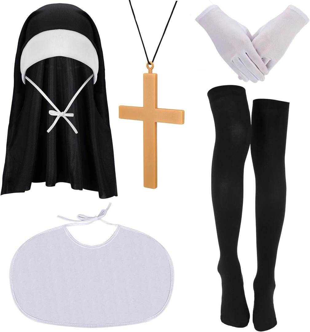 Geyoga Nun Costume Accessory Set Nun Headpiece Collar Cross Pendant Necklace Knee Thigh High Socks for Halloween Cosplay Party