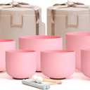 432HZ 6-12 Inch Pink Color Frosted Quartz Crystal Singing Bowls Chakra Set of 7 with Carry Case Bags for Sound Healing and Meditation