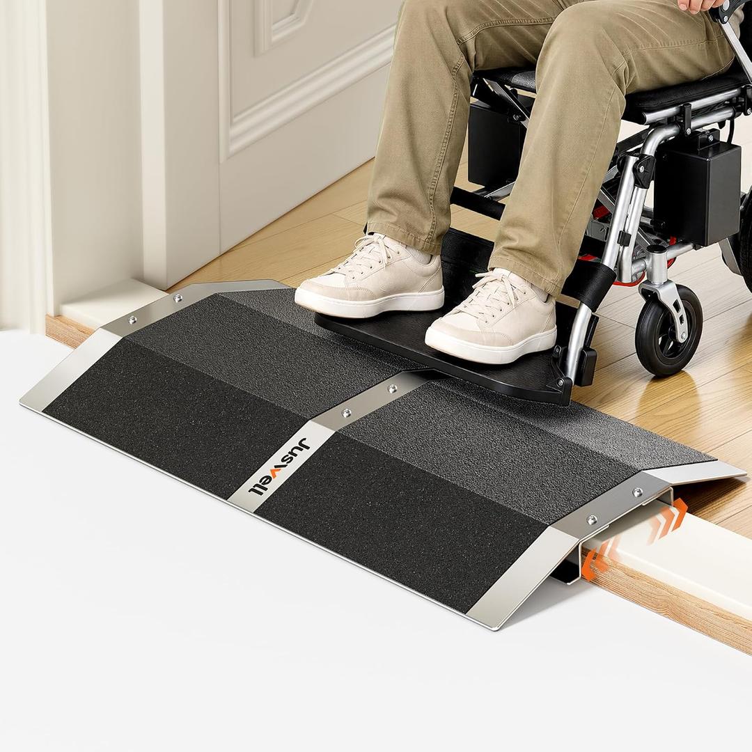 28x16 inch Aluminum Bridge Threshold Ramp 800lbs No Installation | Non Slip Doorway Ramp Fits Sliding Door Tracks 3.5 to 5.3in Adjustable Width Metal Entry Ramp for Scooters and Walkers