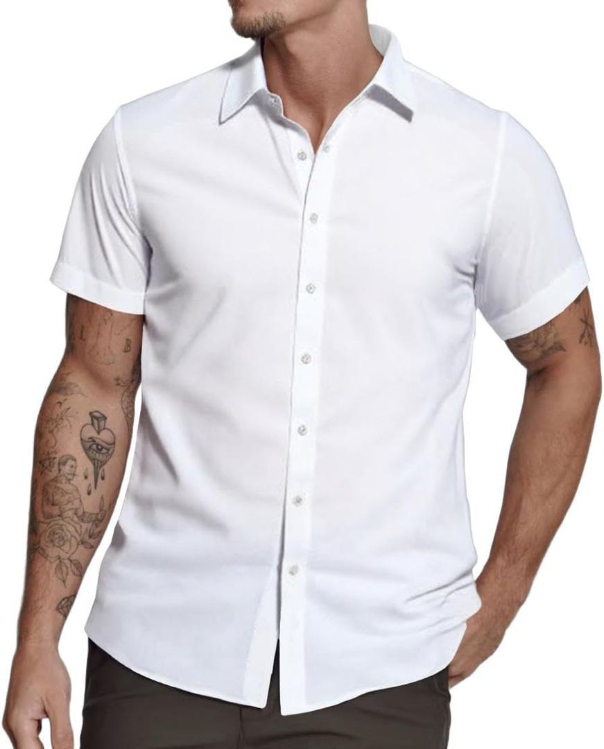 Mens Short Sleeve Dress Shirts Stretch Casual Button Down Shirts Solid Regular Fit Formal Shirt (X-Large, White)
