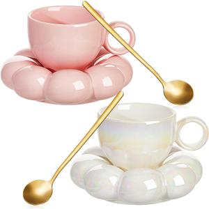 Tessco 2 Pieces Ceramic Coffee Cloud Mug Cup with Saucer, 7oz Cute Ceramic Mug with Coaster Set for Women Gift Home Office Tea Latte Milk Holiday, Pink and Pearl White(Sunflower)